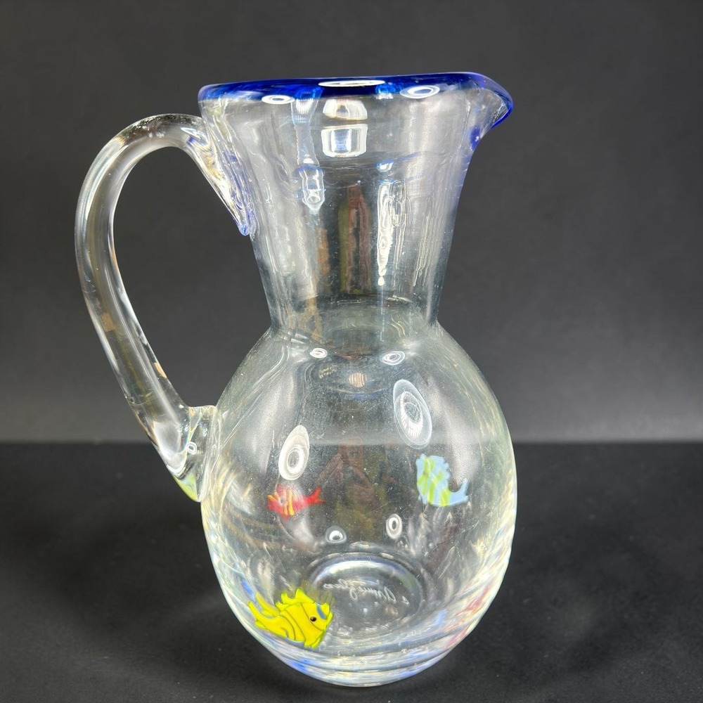 Annieglass‎ Tropical Fish Pitcher Cobalt Blue Rim Hand Blown Art Glass Signed